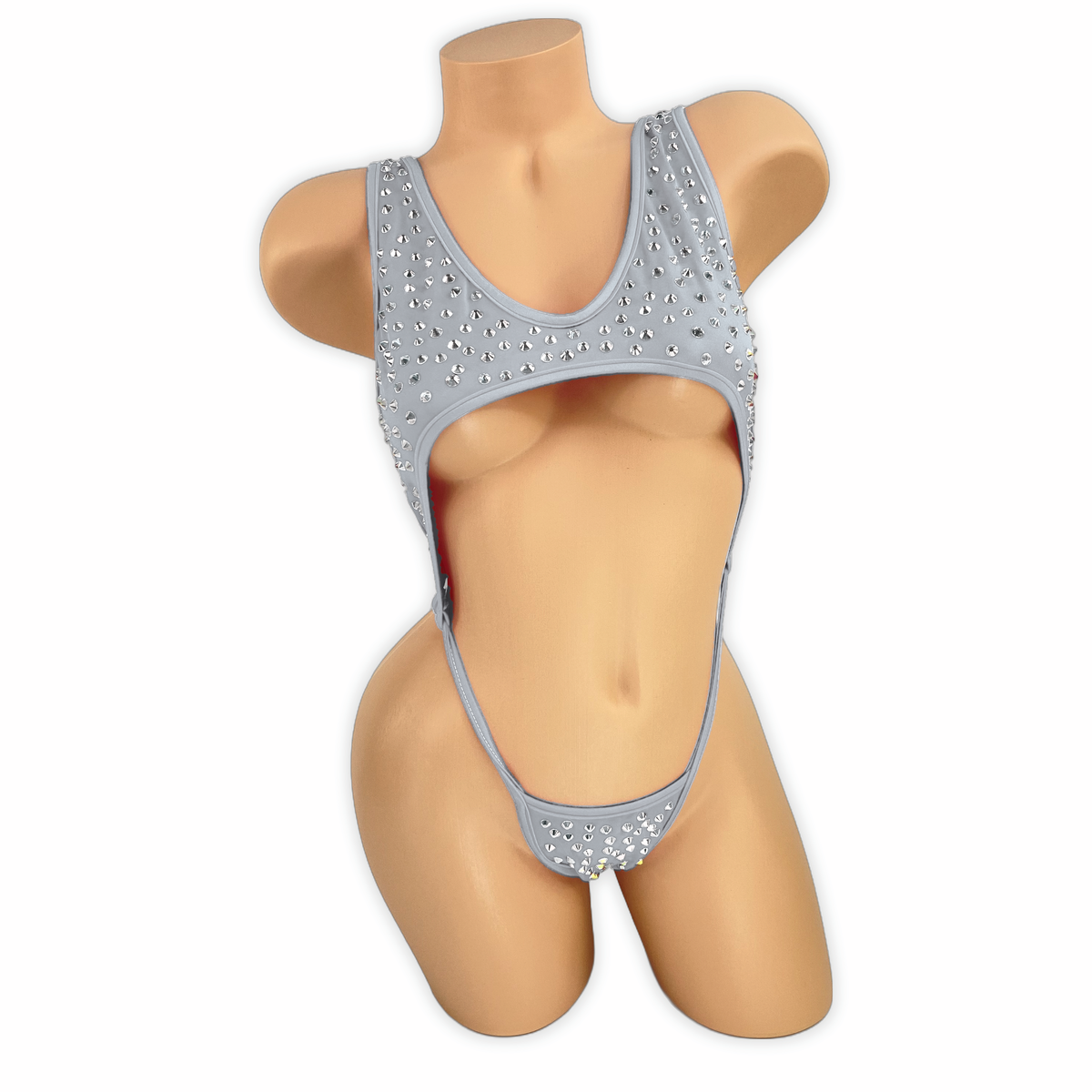 Titanium Paige rhinestone cutout slingshot bodysuit, front view on mannequin