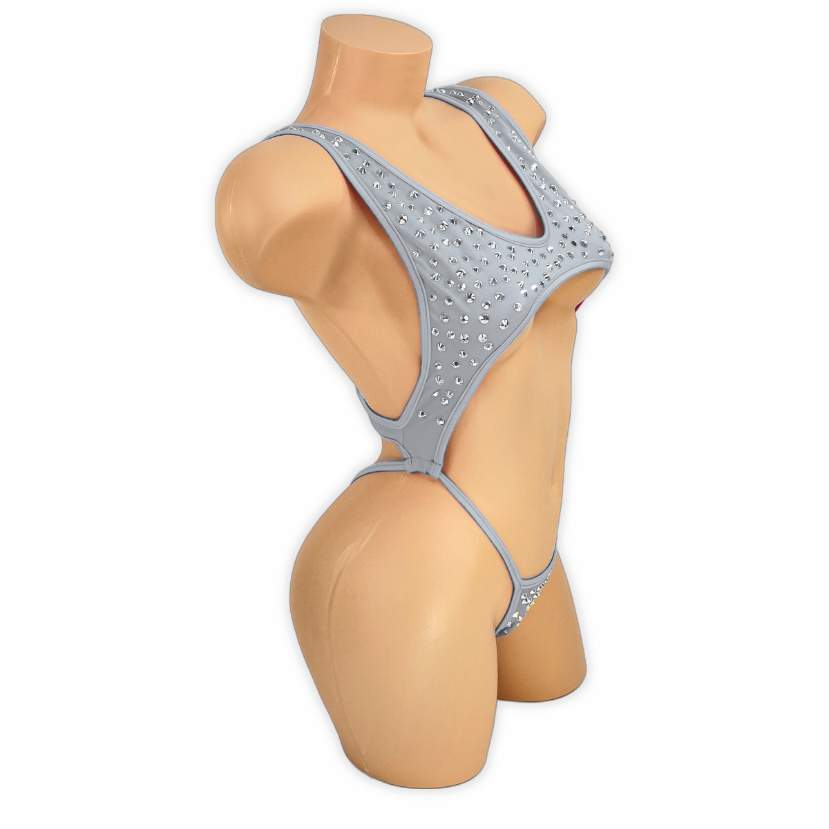 Titanium Paige rhinestone cutout slingshot bodysuit, side view on mannequin