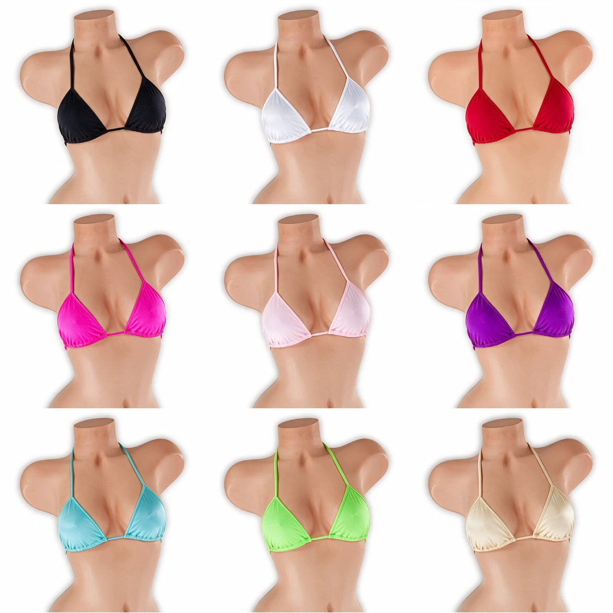 Tri top on mannequin in all 9 colors, Golddiggers Boutique
