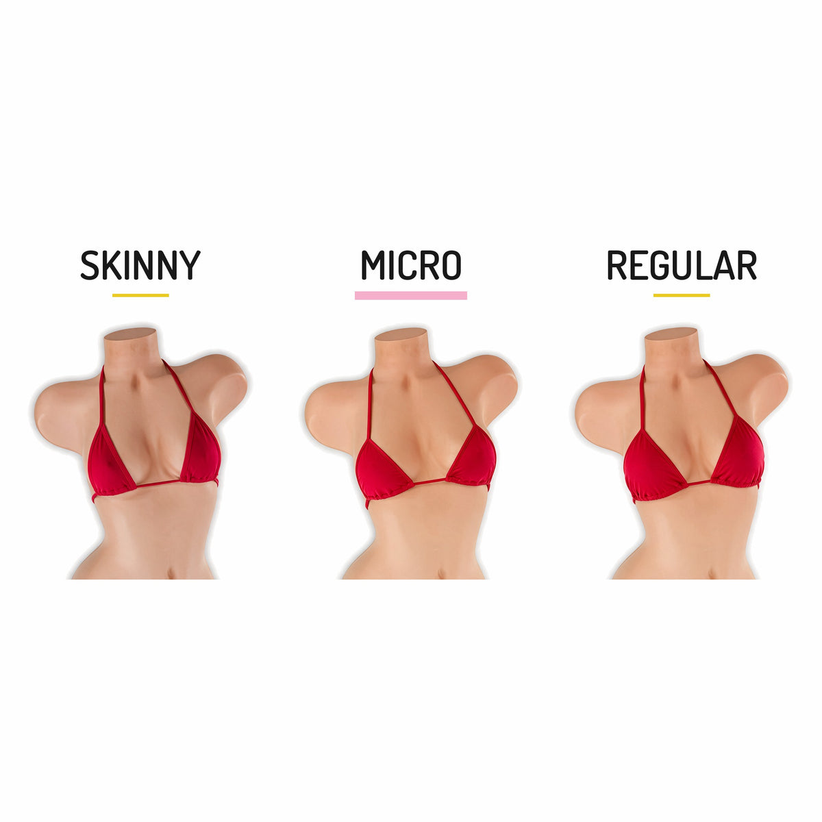 Micro vs skinny vs regular tri top size comparison on mannequin, Golddiggers Boutique