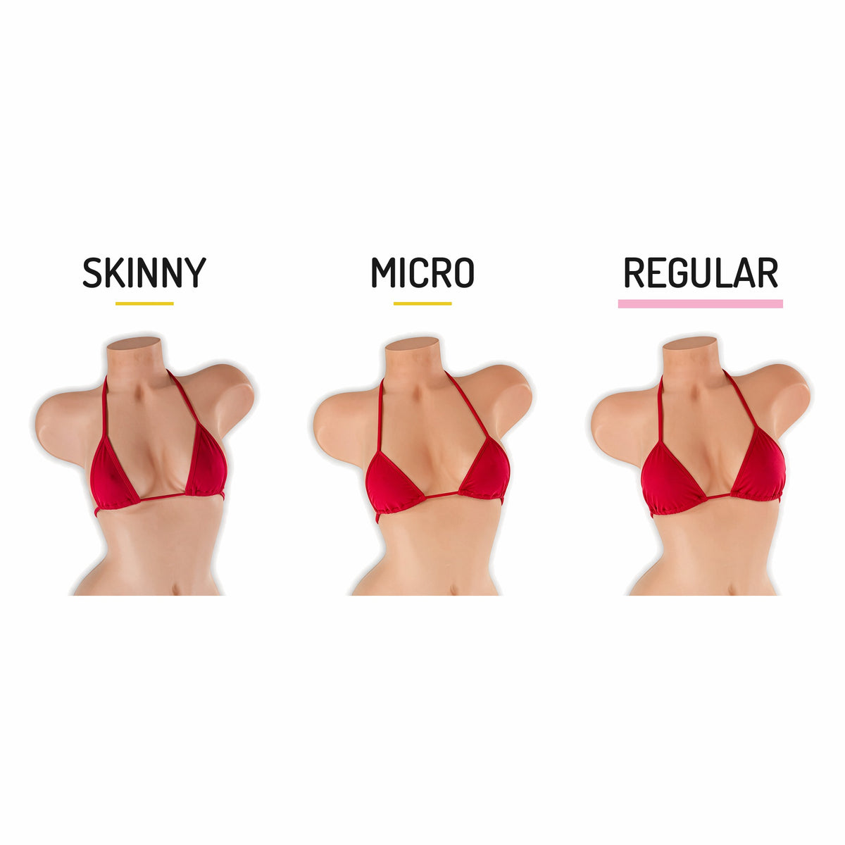 Regular vs skinny vs micro tri top size comparison on mannequin, Golddiggers Boutique