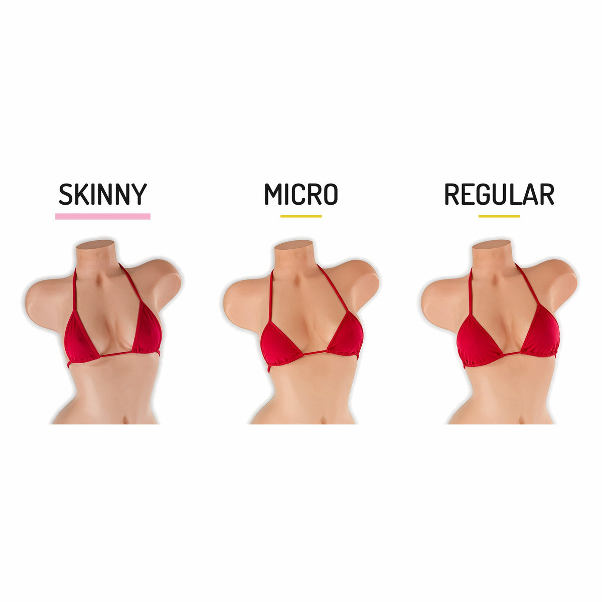 Skinny vs micro vs regular tri top size comparison on mannequin, Golddiggers Boutique