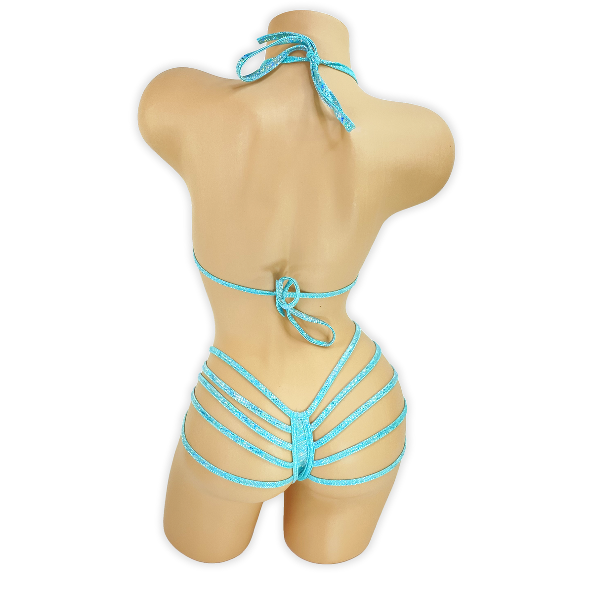 Turquoise Elara holo plunge strappy bodysuit, back view with thong back and strappy hips