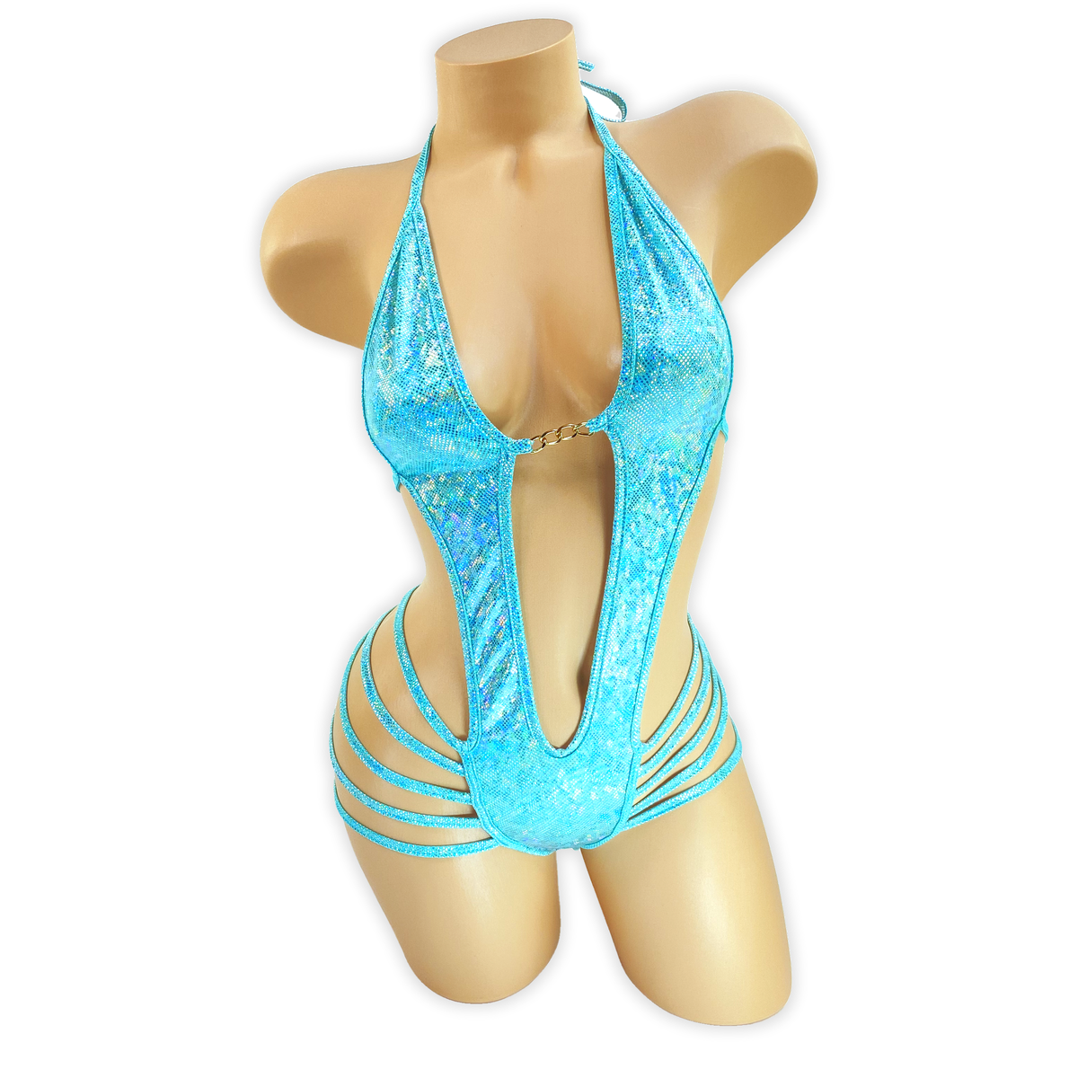 Turquoise Elara holo plunge strappy bodysuit, front view on mannequin