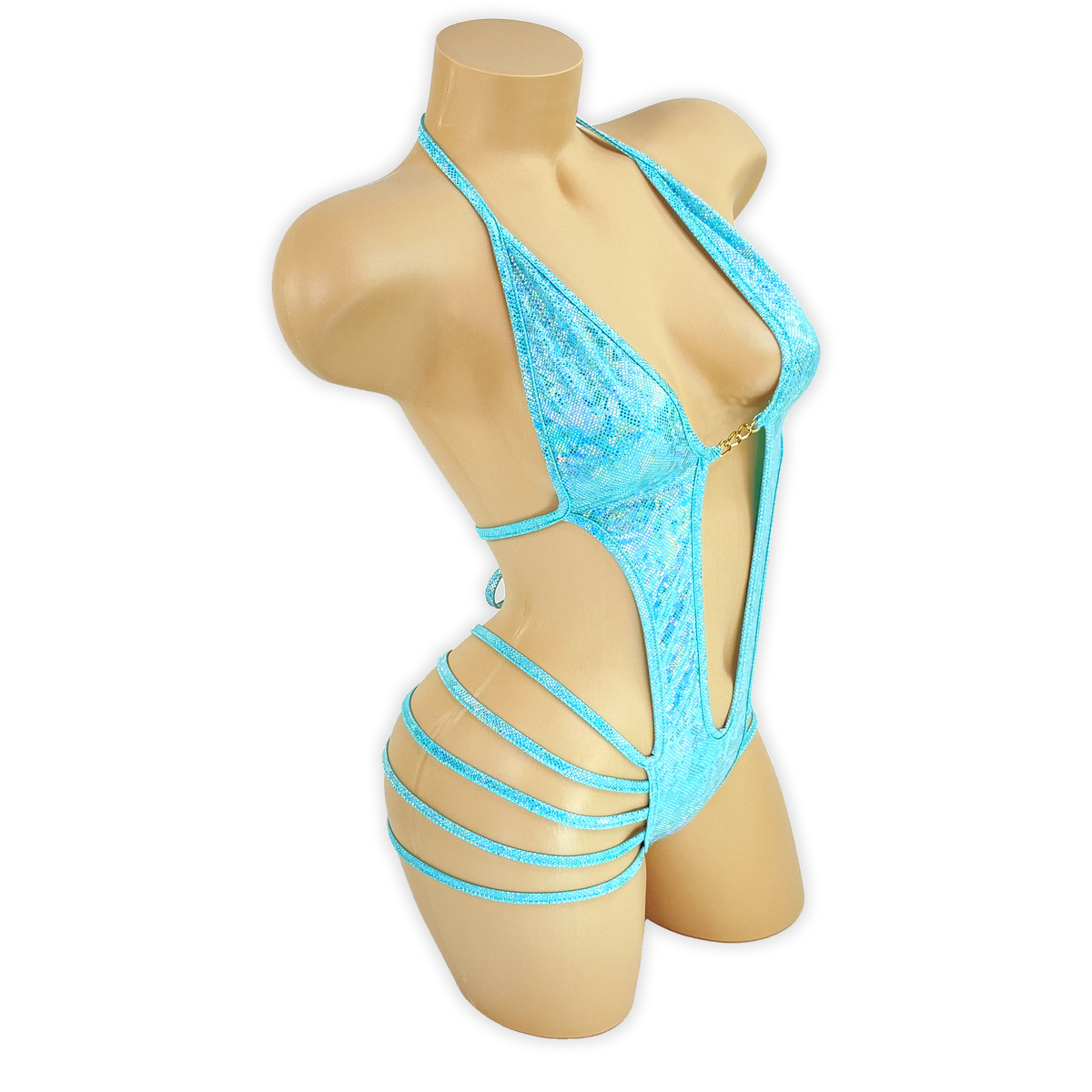 Turquoise Elara holo plunge strappy bodysuit, side view showing open sides