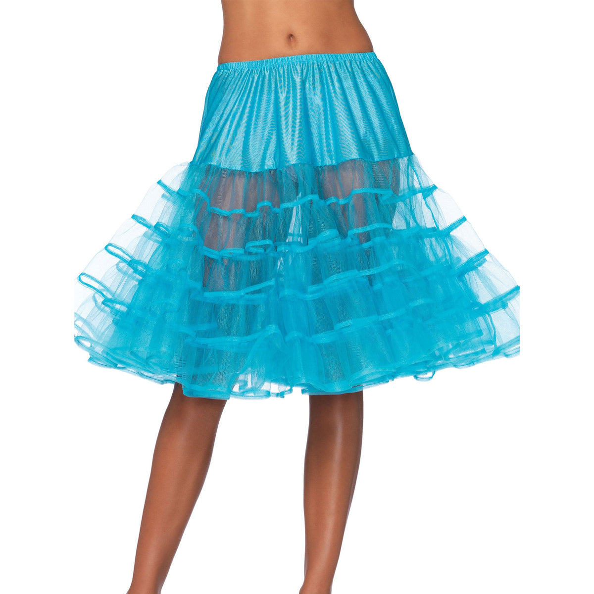 Close-up front view of turquoise knee length ruffle petticoat - Golddiggers Boutique
