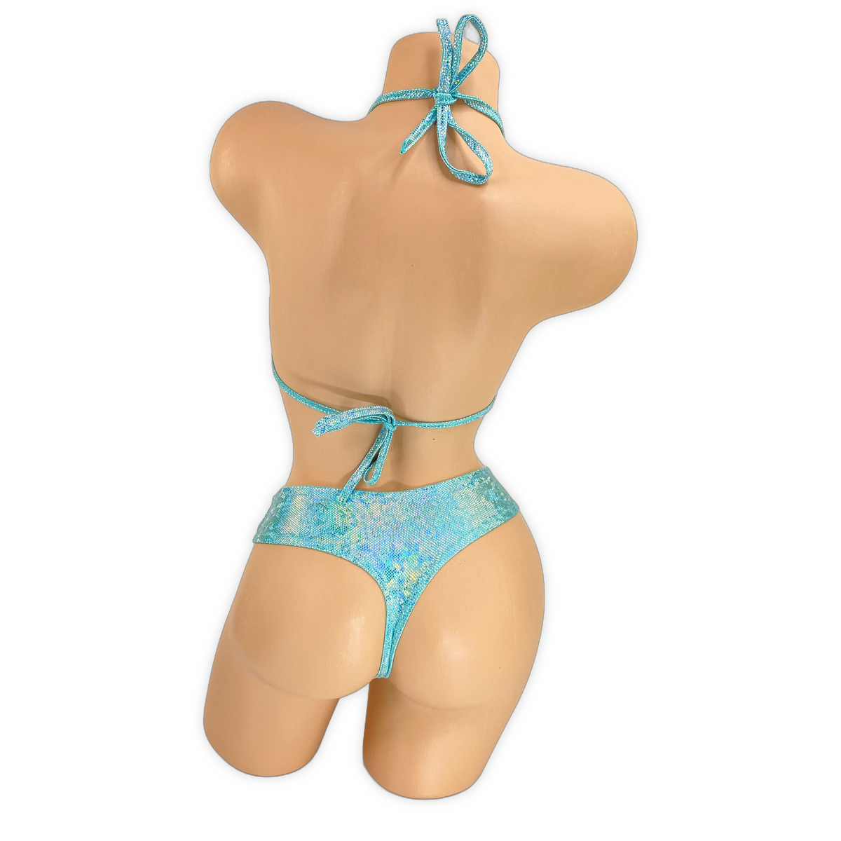 Turquoise Marina 'kini back view showing the neck tie, back tie and thick thong back
