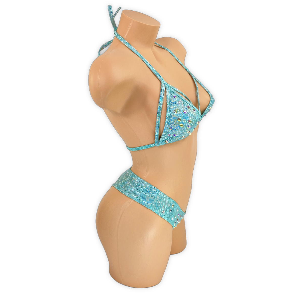 Turquoise Marina holo rhinestone 'kini side view on mannequin
