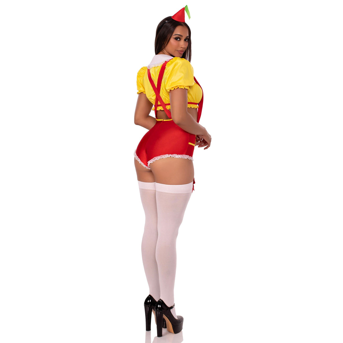 Back view of twin darling costume with collar crop top, suspender shorts and hat - Golddiggers Boutique
