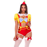Close-up front view of twin darling costume with collar crop top, suspender shorts and hat - Golddiggers Boutique