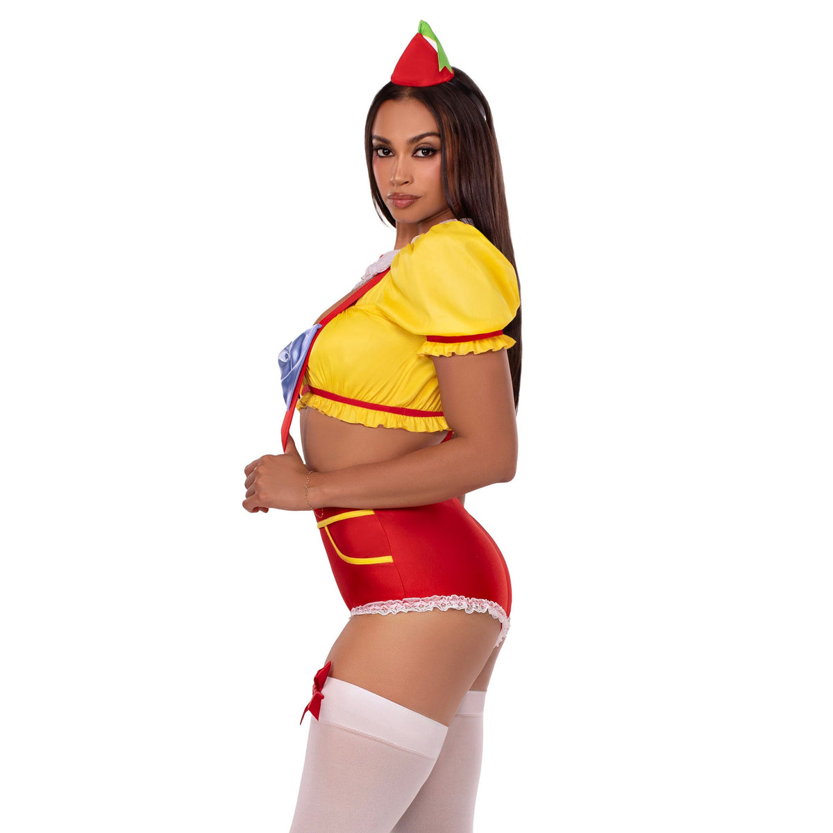 Close-up side view of twin darling costume with collar crop top, suspender shorts and hat - Golddiggers Boutique
