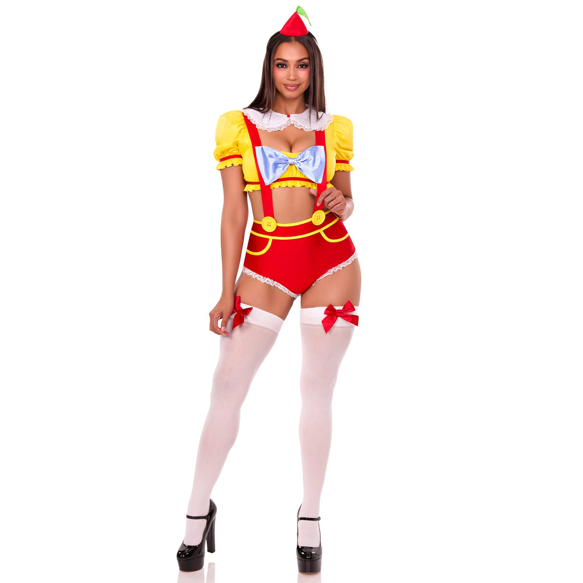 Front view of twin darling costume with collar crop top, suspender shorts and hat - Golddiggers Boutique