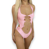 Simone Baby Pink Halter Bodysuit with Lace-Up Detail
