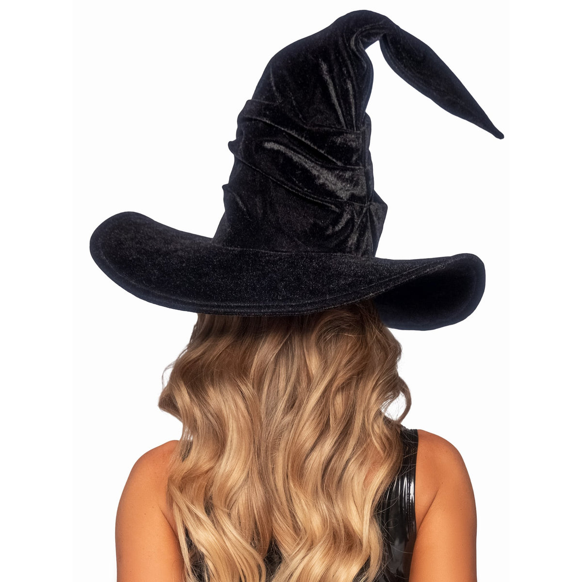 Close back view of black velvet ruched witch hat - Golddiggers Boutique