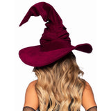 Close back view of burgundy velvet ruched witch hat - Golddiggers Boutique