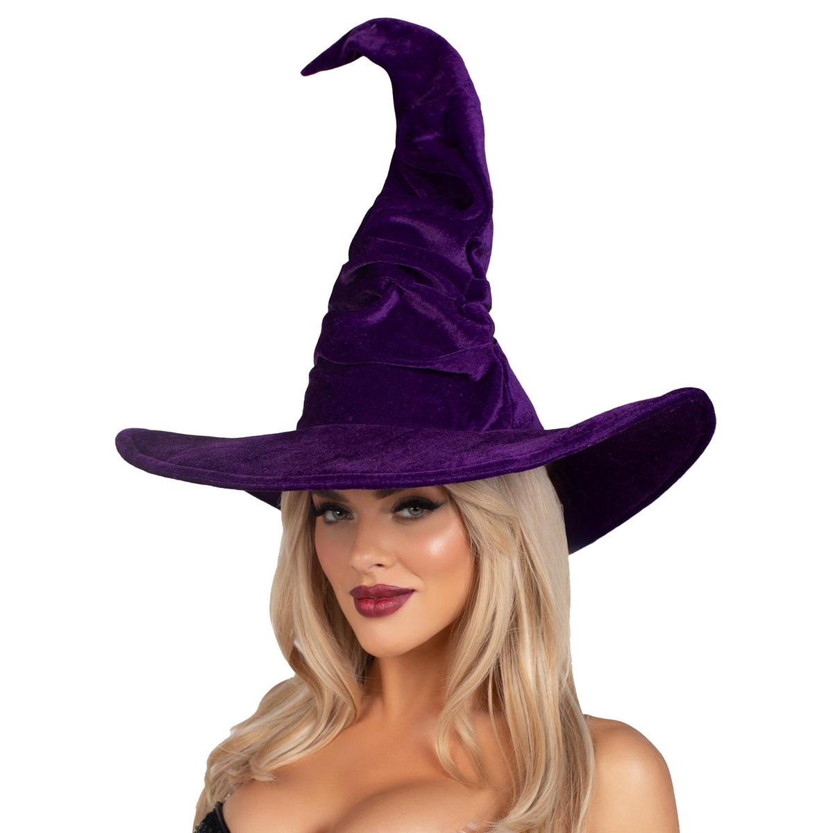 Close front view of purple velvet ruched witch hat - Golddiggers Boutique