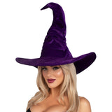 Close front view of purple velvet ruched witch hat - Golddiggers Boutique