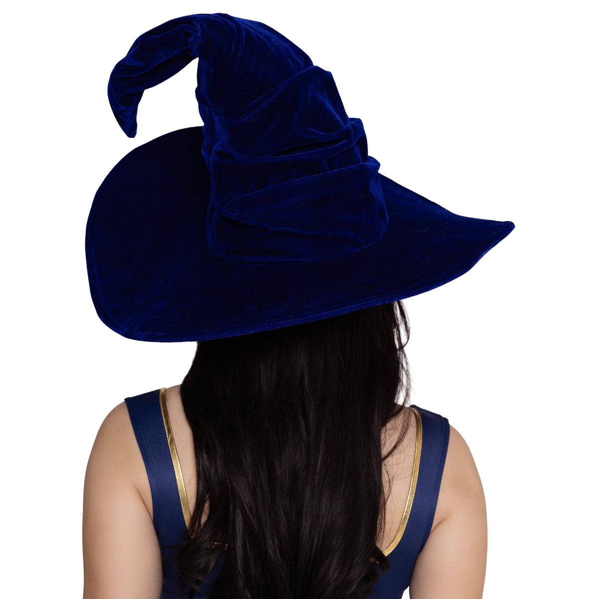 Close back view of royal blue velvet ruched witch hat - Golddiggers Boutique