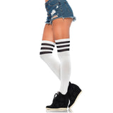 Side view of white & black athletic stripe ribbed thigh high socks - Golddiggers Boutique