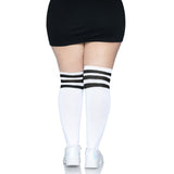 Back view of white & black plus size over the knee athletic socks - Golddiggers Boutique