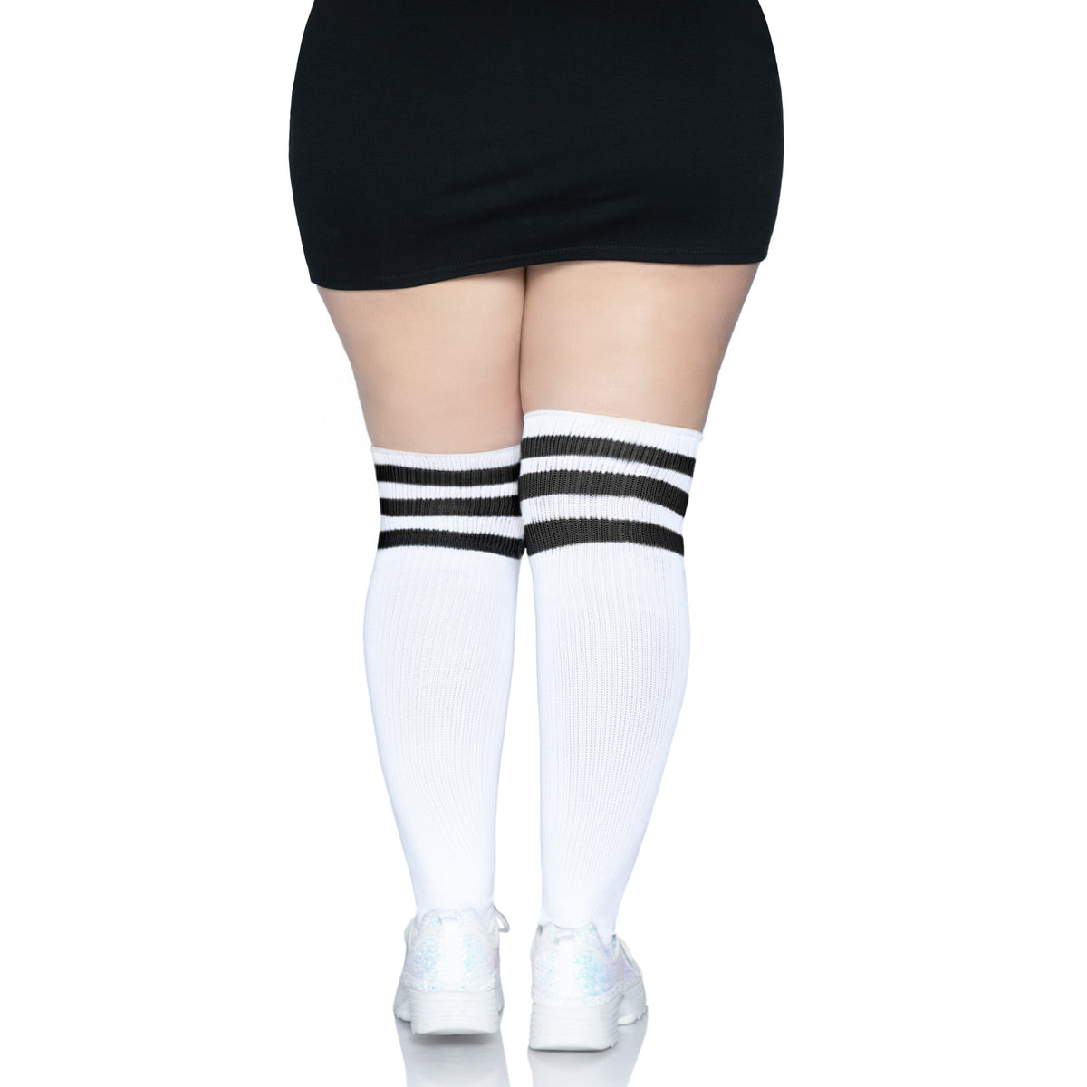 Back view of white & black plus size over the knee athletic socks - Golddiggers Boutique