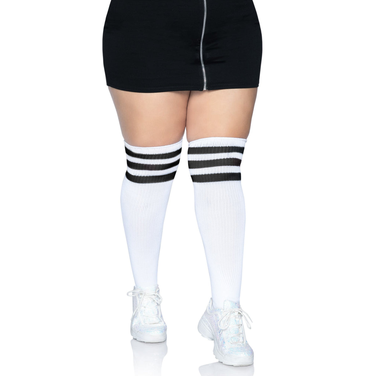 Front view of white & black plus size over the knee athletic socks - Golddiggers Boutique