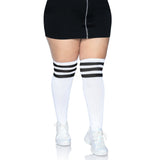 Front view of white & black plus size over the knee athletic socks - Golddiggers Boutique
