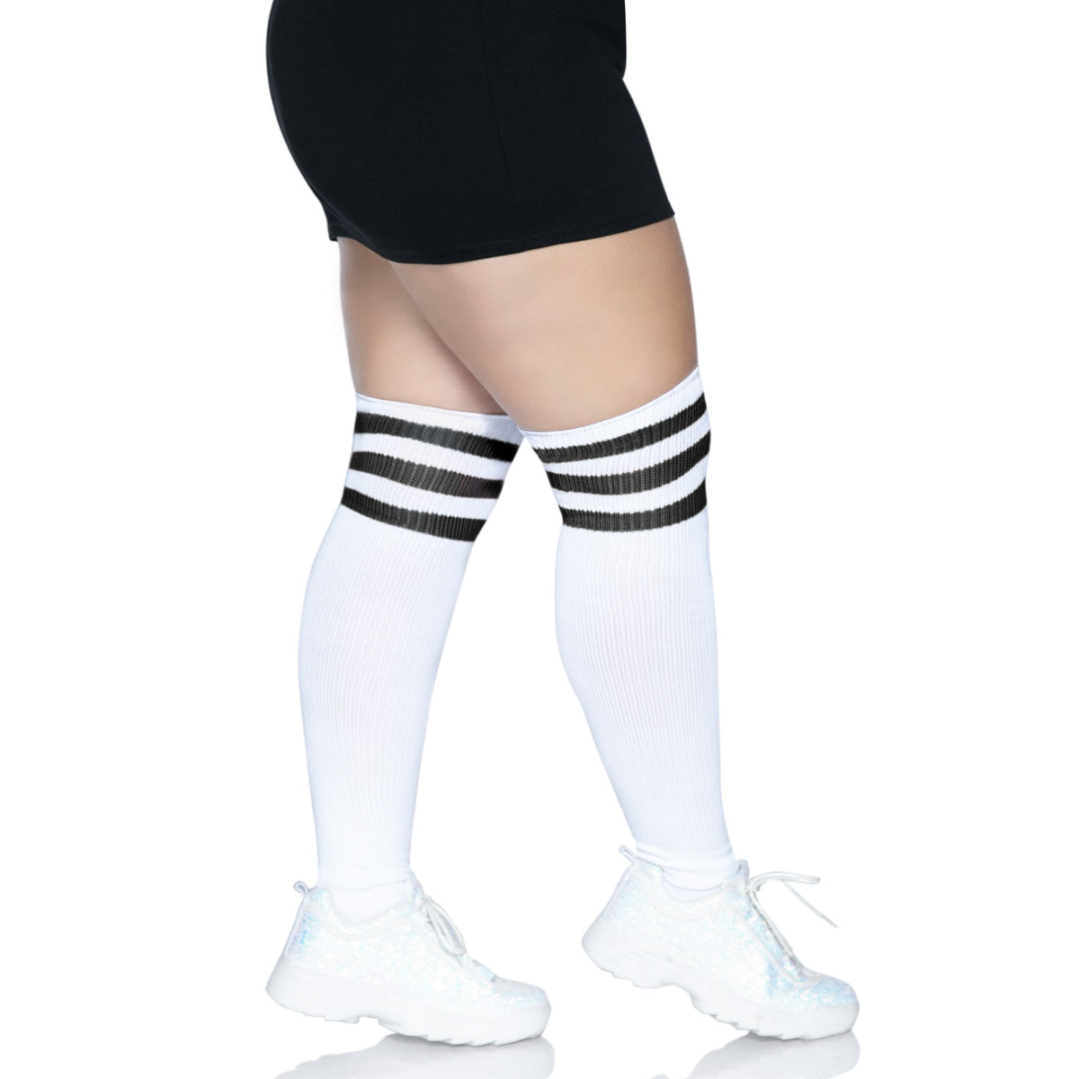 Side view of white & black plus size over the knee athletic socks - Golddiggers Boutique