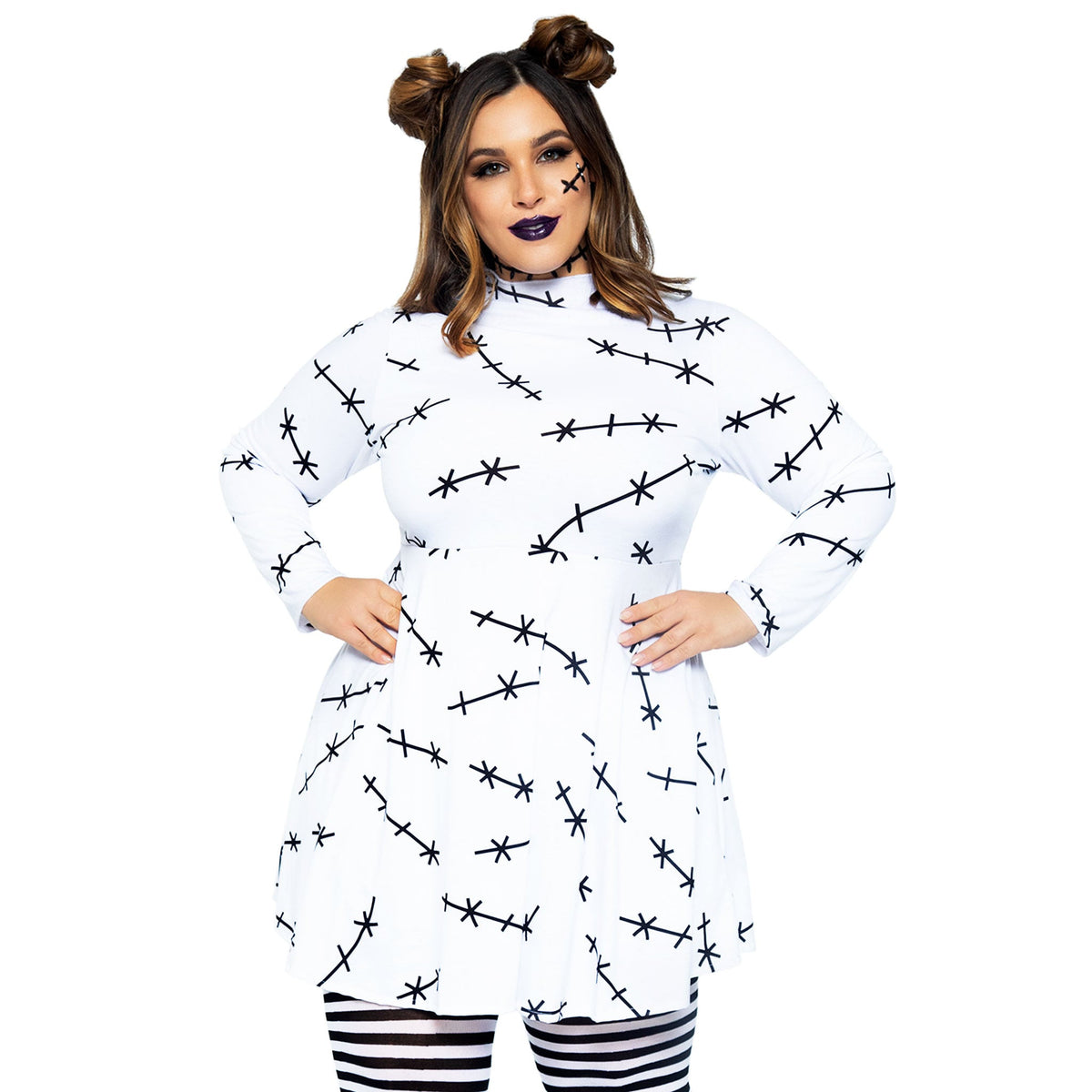 Close-up front view of white & black stitch print jersey dress costume in plus size - Golddiggers Boutique