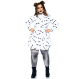 Front view of white & black stitch print jersey dress costume in plus size - Golddiggers Boutique