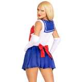 Close back view of white and blue sailor costume bodysuit with red bow and gloves - Golddiggers Boutique