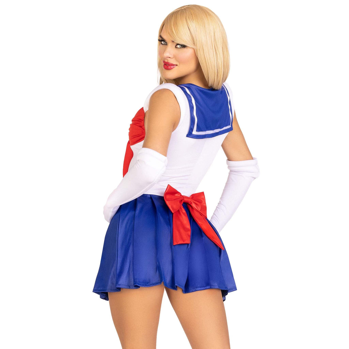 Close back view of white and blue sailor costume bodysuit with red bow and gloves - Golddiggers Boutique