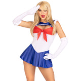 Close front view of white and blue sailor costume bodysuit with red bow and gloves - Golddiggers Boutique