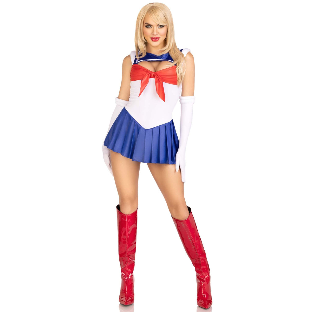 Front pose of white and blue sailor costume bodysuit with red bow and gloves - Golddiggers Boutique