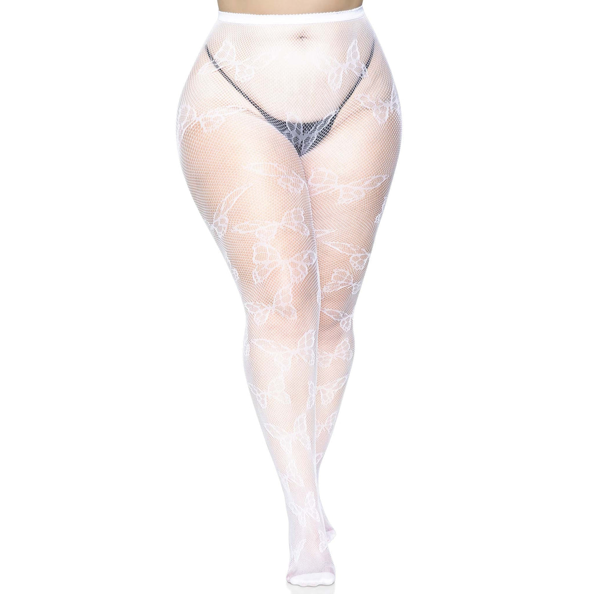 Front view of white butterfly net tights in plus size - Golddiggers Boutique
