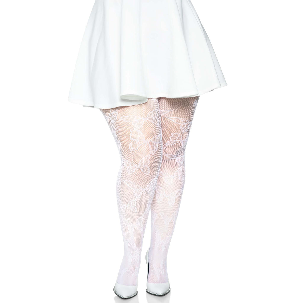 Front view of white butterfly net tights in plus size - Golddiggers Boutique