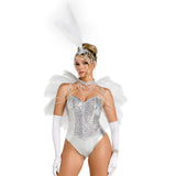 Detail view of white feather showgirl costume kit - Golddiggers Boutique
