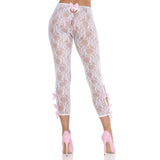 Back view of white floral lace footless capri tights with keyhole bows - Golddiggers Boutique