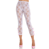 Front view of white floral lace footless capri tights with keyhole bows - Golddiggers Boutique