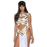 Close front view of white and gold Egyptian goddess costume with cut-out dress - Golddiggers Boutique