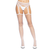 Front view of white industrial net stockings with scalloped garter belt - Golddiggers Boutique