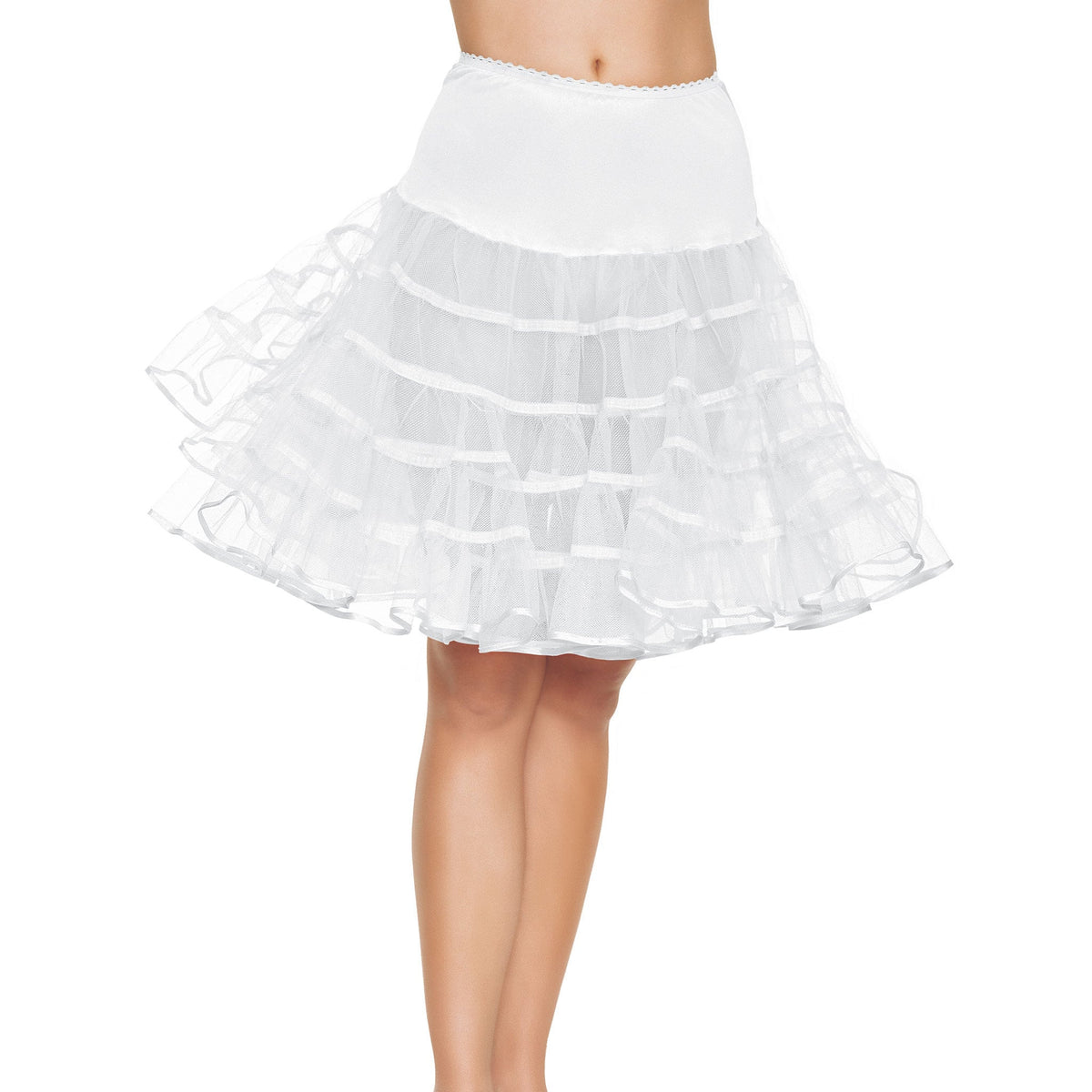 Close-up front view of white knee length ruffle petticoat - Golddiggers Boutique