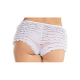 Back view of white lace ruffle tanga shorts
