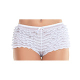 Close-up front view of white lace ruffle tanga shorts