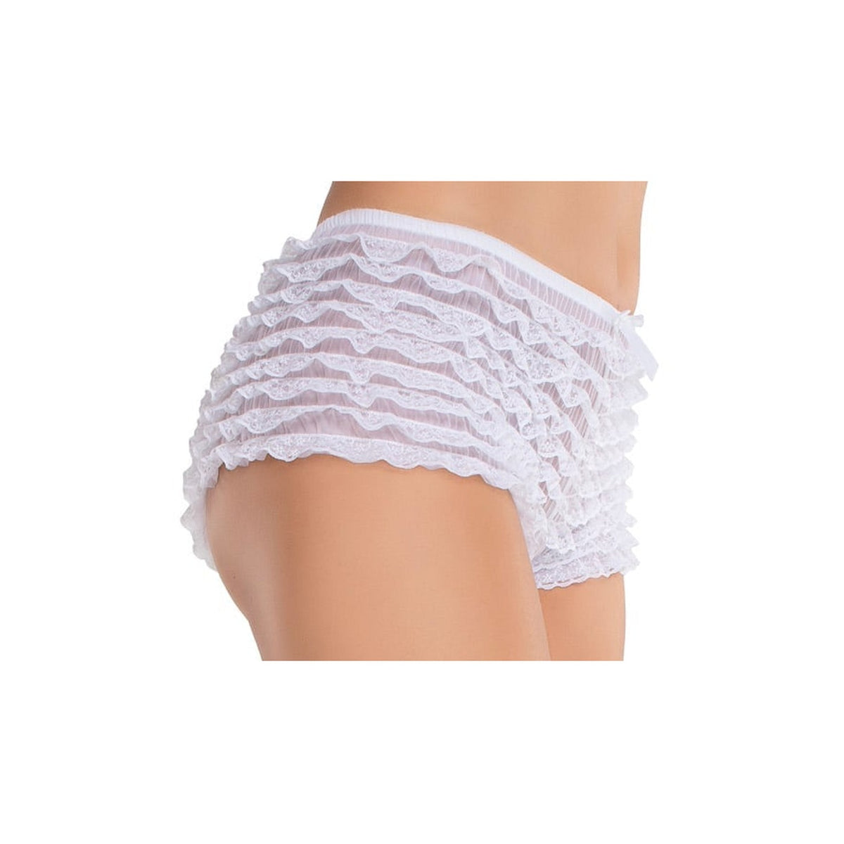 Side view of white lace ruffle tanga shorts