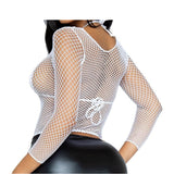 Back view of white long sleeve industrial net top - Golddiggers Boutique