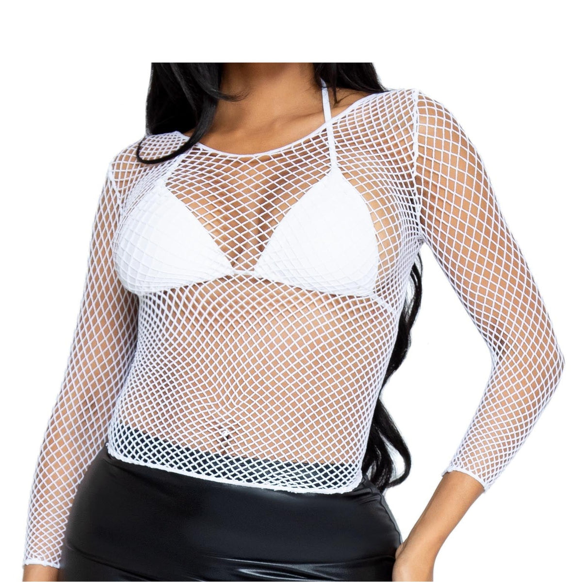 Close-up front view of white long sleeve industrial net top - Golddiggers Boutique