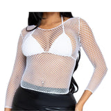 Close-up front view of white long sleeve industrial net top - Golddiggers Boutique