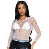 Close-up front view of white long sleeve industrial net top - Golddiggers Boutique