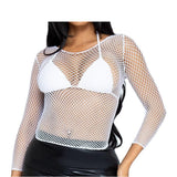 Front view of white long sleeve industrial net top - Golddiggers Boutique